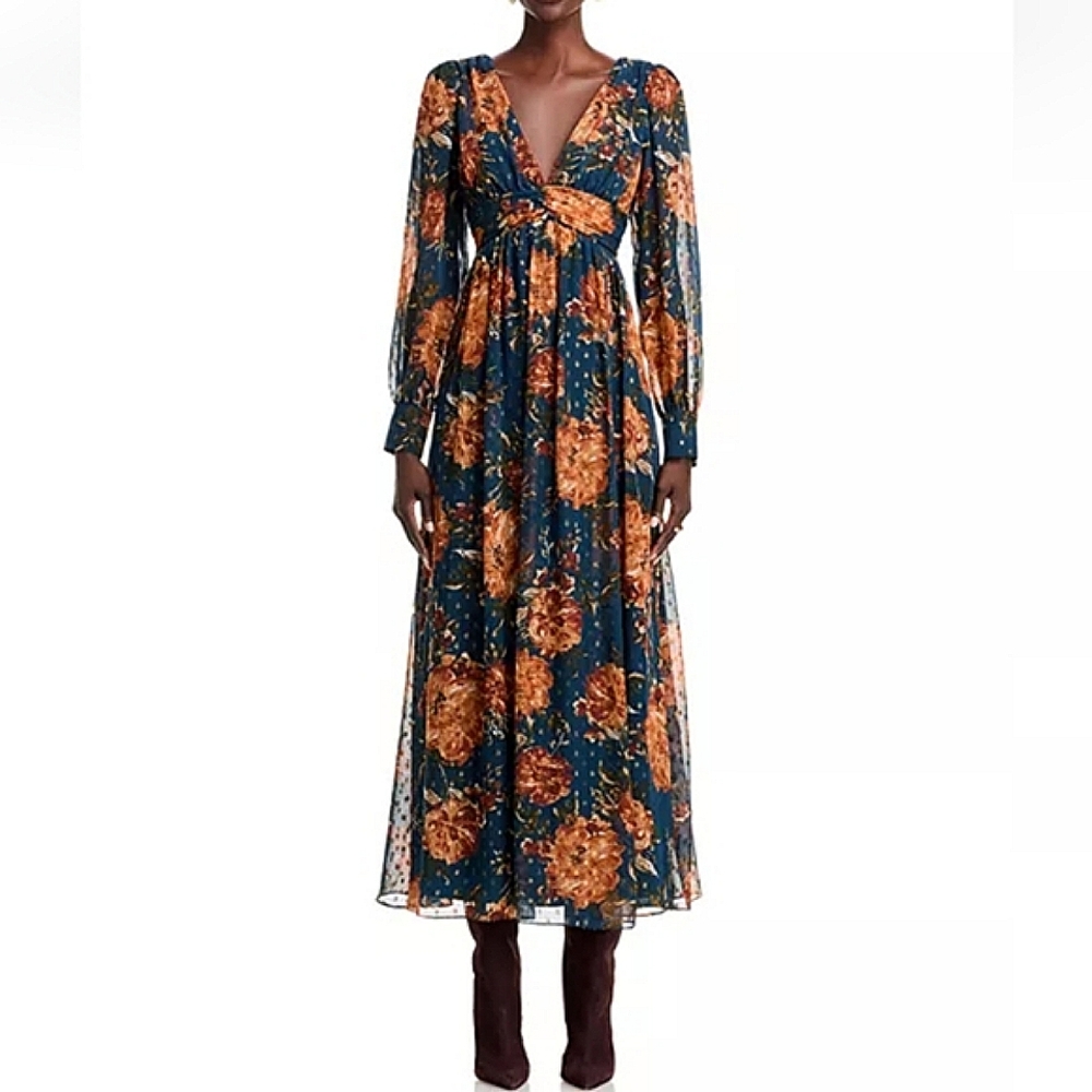 NWT AQUA Floral Moody Metallic Maxi Dress XS
